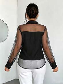 Plus Size Women's Semi-Sheer Mesh Long Sleeve Button-Up Shirt Blouse - Black - View 4