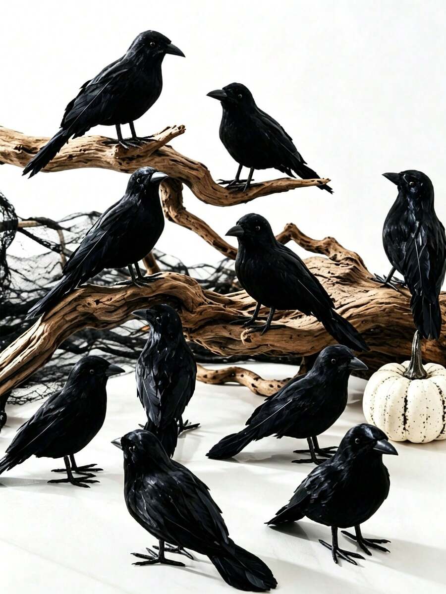 Halloween Black Crow Decor: Realistic Feather Crow Statue, Perfect For Witch Theme Decor, Haunted House, Halloween Party And Spooky Home And Garden Decoration - Multicolor - View 1