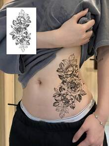 1pc Black Rose Temporary Tattoo Sticker, Floral Print Body Art Sticker, Suitable For Women's Chest, Back, Abdomen, Can Cover Scars, Suitable For Dance Parties, Stage Performances, Modern Body Art Scenes - Black - View 3