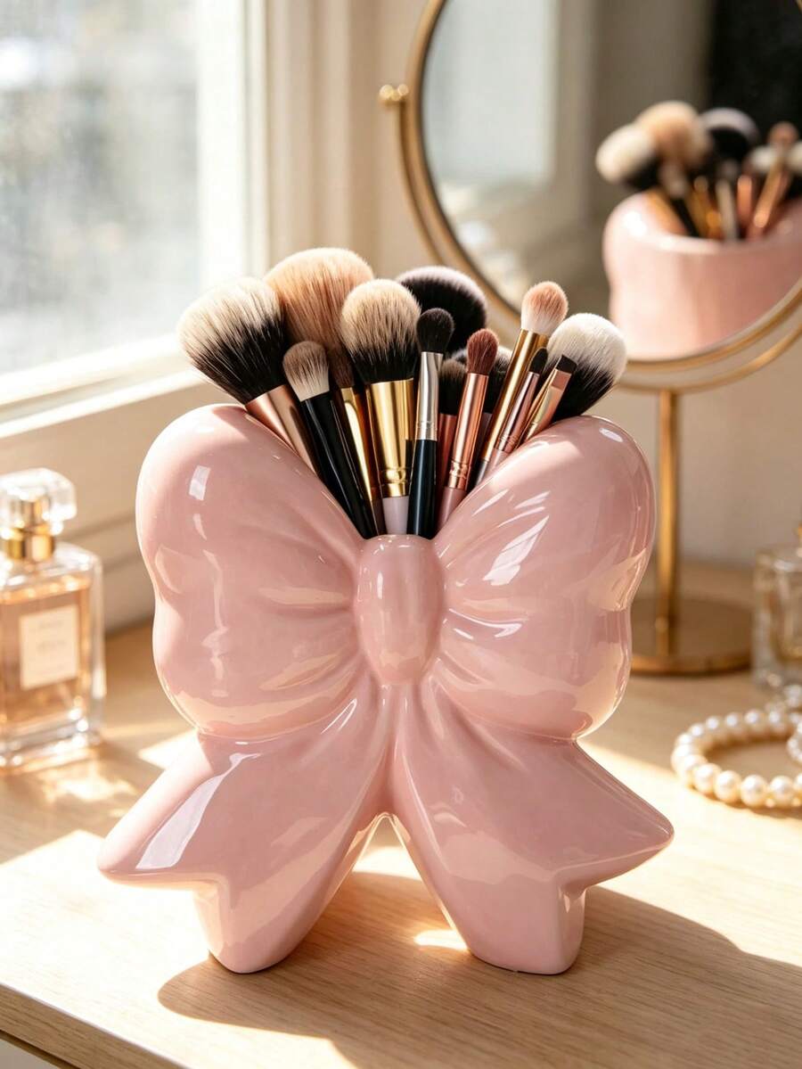Cute Bow Shape Makeup Brush Holder, Ceramic Cosmetic Storage Organizer, Desktop Vanity Container For Brushes, Lipsticks, Beauty Supplies, Dresser Decor Accessory - Multicolor - View 1