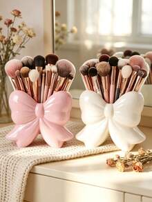 Cute Bow Shape Makeup Brush Holder, Ceramic Cosmetic Storage Organizer, Desktop Vanity Container For Brushes, Lipsticks, Beauty Supplies, Dresser Decor Accessory - Multicolor - View 3