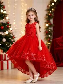 Girls' Sweet Princess Dress With Train, Wedding Flower Girl Gown, Birthday Party, Holiday, Pageant, Piano Performance, Evening Dress - Red - View 2