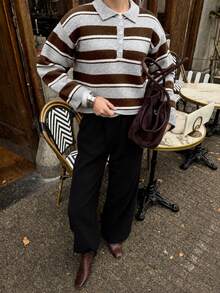 New Autumn/Winter Fashion College Style Striped Half-Button Knit Sweater, Casual Drop Shoulder Long Sleeve Pullover, Retro Striped, Polo Collar Design, Suitable For Daily Commute, Coffee Shop Visits, Weekend Dates, Campus College Style Outfit Knit Half-Button Pullover - Multicolor - View 6