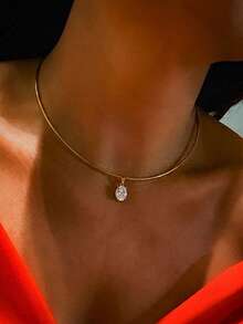 1pc Stainless Steel 18K Gold Fashion Gold Zirconia Inlaid Pendant Necklace - Gold - View 5