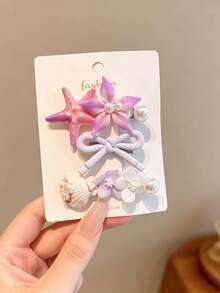 3pcs Women's Ocean Style Starfish & Shell Hair Clips, Pearl Flower Bow Side Clips, Beach Vacation Hair Accessories For Girls - Multicolor - View 3