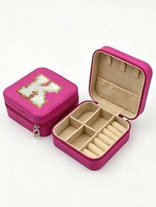 1pc PU Leather Jewelry Box, Large Capacity Jewelry Storage Box, Embroidered Letter Jewelry Organizer, Portable Travel Jewelry Storage Box, Suitable For Rings, Necklaces, Earrings, Etc., Travel Essential, Holiday Makeup Bag. - Multicolor - View 25