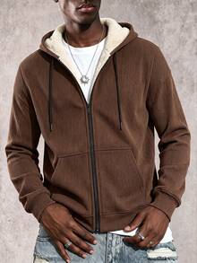 Men's Mocha Brown Thermal Lined Zip-Up Hoodie, Loose Fit Textured Stripe Drawstring Kangaroo Pocket, Suitable For Winter Daily Casual And Commute - Grey - View 4