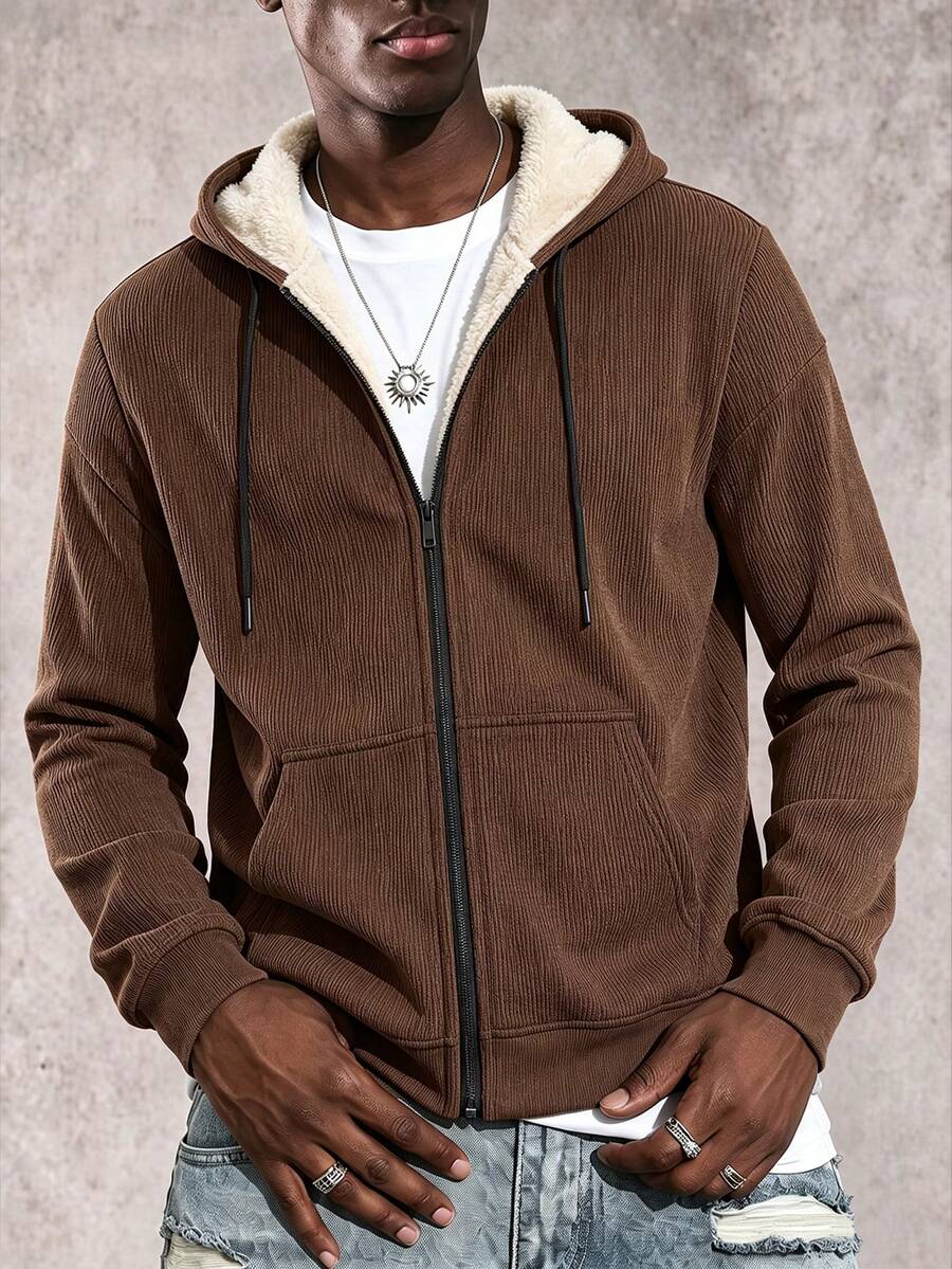 Men's Mocha Brown Thermal Lined Zip-Up Hoodie, Loose Fit Textured Stripe Drawstring Kangaroo Pocket, Suitable For Winter Daily Casual And Commute - Grey - View 1