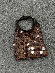 Korean Style Shiny Sequin Niche Design Ins Style Patchwork Handbag, Commute, Outing, Daily Shopping, Shoulder Slouchy Handbag - Coffee Brown - View 4