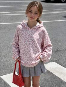 1pc Girls Big Tween Girl Hooded Light Pink All-Over Leopard Print Sweatshirt, Sweet & Spicy Gentle Style, Loose Fit Casual Pullover Sweatshirt, Spring/Autumn - Pink - View 1