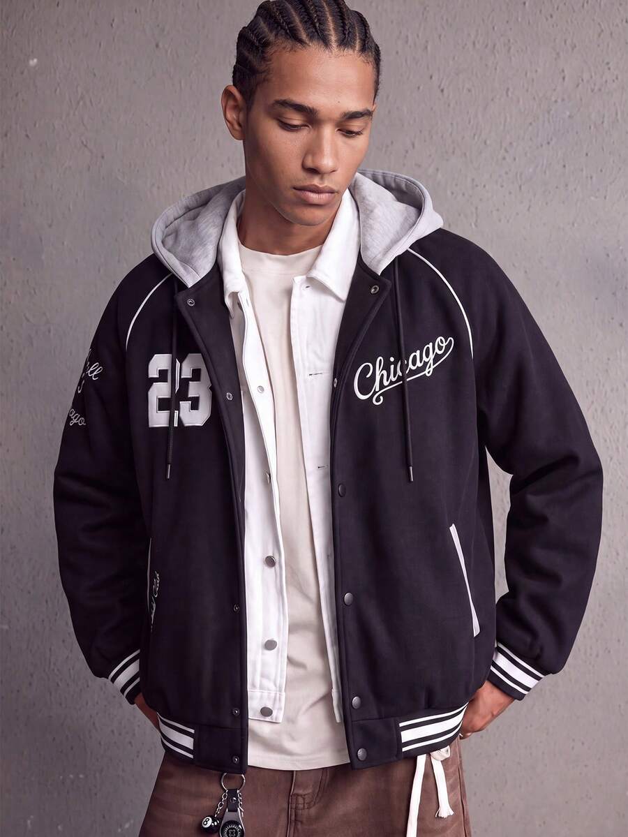 MAISONFOX 男士時尚字母印花拼色連帽夾克,男士棒球夾克,長袖大學棒球夾克,80年代風格男士穿搭 - 黑色 - 查看 1