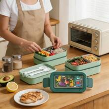 1pc Cartoon Japanese Style Double Layer Compartment Bento Box, Microwave Leak-Proof Sealed Lunch Box With Fork And Spoon, Portable Food Storage Container Suitable For Students, Office Workers And Picnics - Multicolor - View 4