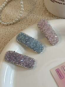 2PCS /3PCS Exquisite Sugar-Coated Rhinestone Side Hair Clips, Rhinestone-Edged Rectangular BB Side Clips, Pink Blue Purple Three Colors, Date Casual Vibe Hair Accessories - Multicolor - View 7
