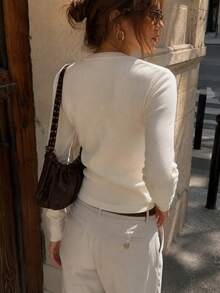 Women's Beige Ribbed Knit Cardigan, Crew Neck Long Sleeve Button Front Sweater, Slim Fit Casual LayeringTop, Minimalist Fall Going Out Vacation Outfit - Beige - View 2
