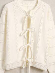 JIANHU Autumn/Winter Beige Hollow-Out Lace-Up Knit Cardigan - White - View 8