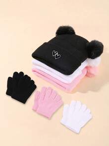 3 Sets / 6 Pieces Heart Embroidered Knitted Hat And Gloves Set - Perfect For Keeping Your Baby Warm During The Autumn And Winter Seasons. - Multicolor - View 4