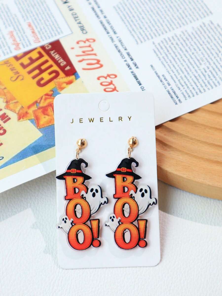 1 Pair Halloween Acrylic BOO Witch Hat Ghost Orange Earrings, Funny ...
