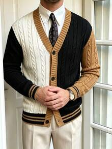 男士秋冬針織拼色極簡休閒商務通勤百搭長袖開襟毛衣 - 彩色 - 查看 2