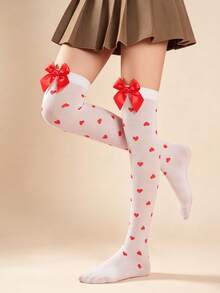 1 Pair Women's Red Heart Bow High Elastic Knitted Sweet Lolita Over-The-Knee Socks, Suitable For JK Uniform Photography Outfit - Multicolor - View 4