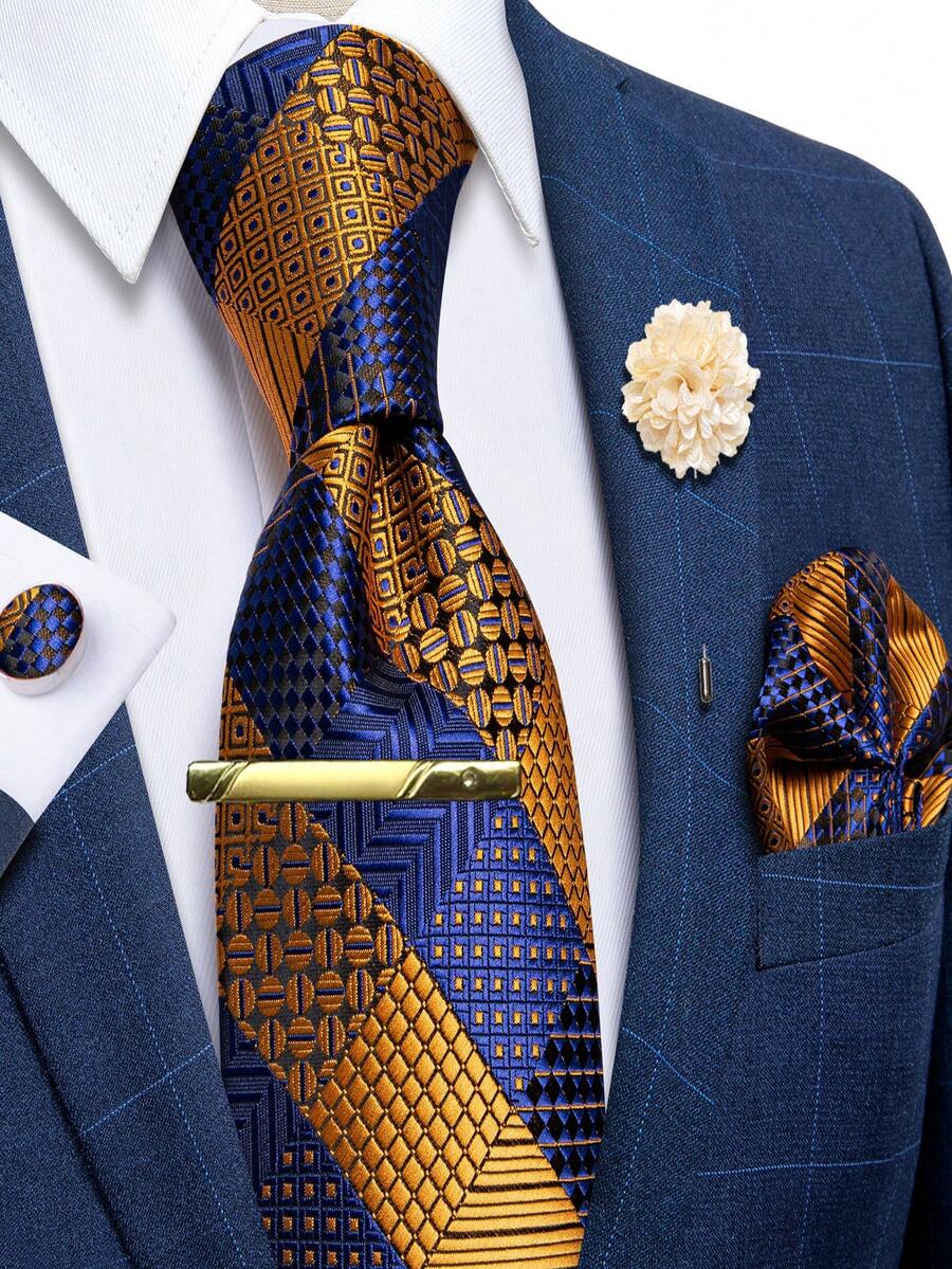 5Pcs Men Orange Plaid & Striped Tie Pocket Square Cufflinks Boutonniere Tie Clip Set, Random Cufflink Pattern, Suit Accessories For Wedding - Orange - View 1