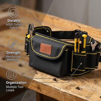 1 peça Bolsa de Ferramentas Estilo Cinto, Bolsa de Cintura com Múltiplos Bolsos para Armazenamento de Ferramentas, Tecido Resistente ao Desgaste e ao Rasgo, Compartimento Multicamadas para Organizar Diversas Ferramentas Manuais e Acessórios de Ferragens, Cinto de Cintura Ajustável Adequado para Diferentes Tamanhos de Cintura, Adequado para Instalação Doméstica, Pessoal de Manutenção de Canteiro de Obras, Leve as Ferramentas Consigo, Liberte as Suas Mãos, Prático para Construção no Local e Recuperação de Acessórios