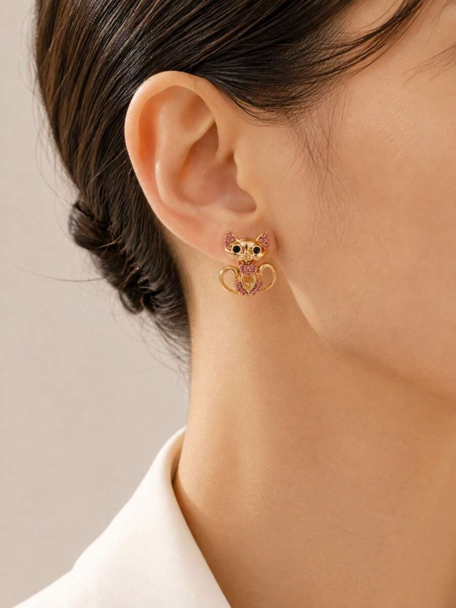 Cute Cat Stud Earrings For Women, Gold Tone Crystal Cat Earrings, Vintage Animal Design Earrings, Kawaii Daily Jewelry Gift - Gold - View 1