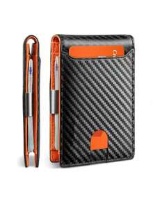 HOVI'S 1pc | Carbon Fiber Ultra-Thin Wallet | Business Casual Style | 1cm Slim Body + RFID Anti-Theft + 11 Card Slots | Wallet + Transparent ID Window | Commuter Travel Essential - Orange - View 1