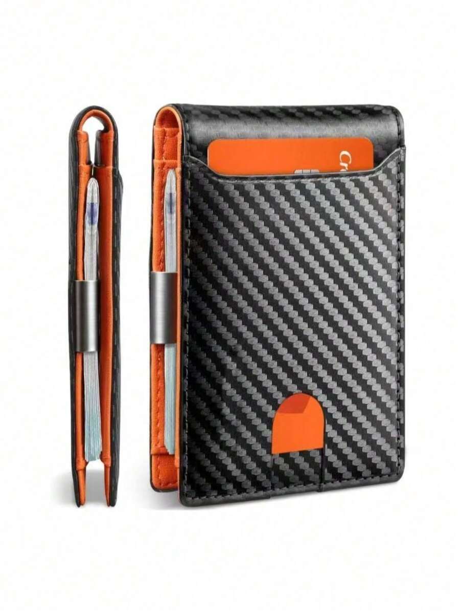 HOVI'S 1pc | Carbon Fiber Ultra-Thin Wallet | Business Casual Style | 1cm Slim Body + RFID Anti-Theft + 11 Card Slots | Wallet + Transparent ID Window | Commuter Travel Essential - Orange - View 1
