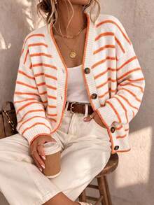 Women's Autumn/Winter Striped Knit Cardigan, V-Neck Loose Slouchy Orange & White Color Block Single-Breasted Sweater Jacket - White - View 1
