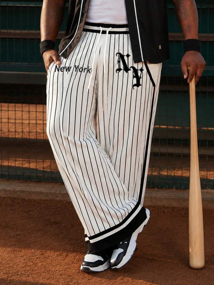 Celana Baseball Pria Ukuran Besar Motif Garis Vertikal Hitam Putih dengan Saku untuk Pemakaian Kasual Sehari-hari - Putih - View 1