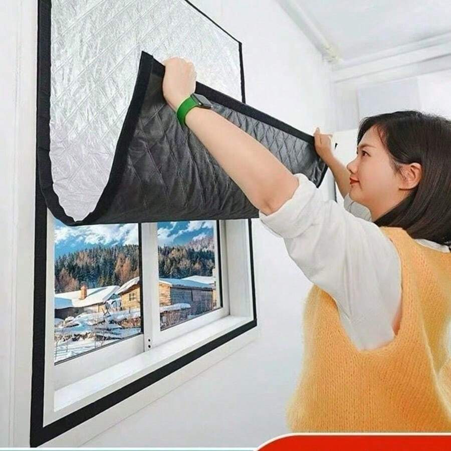 1pc Easy Detachable Hook & Loop Self-Adhesive Padded Window Door Curtain, Summer Heat Insulation UV Protection Blackout Sunshade For Bedroom Living Room, Winter Warmth Soundproof Thermal Curtain, Multiple Sizes Available - Silver Thermal Curtain - View 1