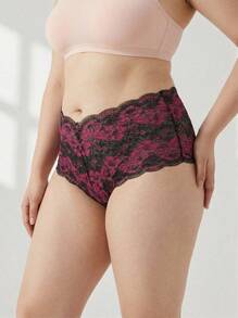 Rosiemei 1pc Women's Plus Size Sexy Lace Dual-Color Gold Metallic Splice Comfortable Breathable Boxer Briefs - Hot Pink - View 2
