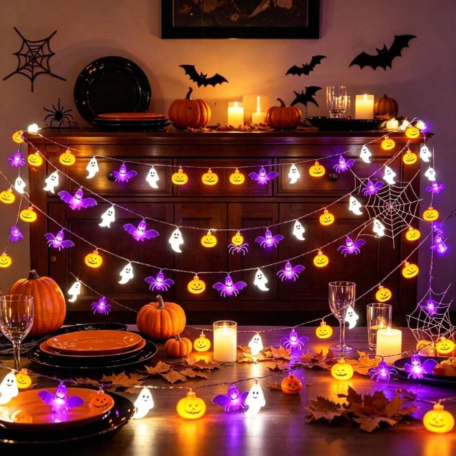 1PC Halloween Decoration, LED String Lights, Pumpkin, Bat, Ghost Elements, Holiday Decorative Lights, Suitable For Bedrooms, Headboards, Fireplaces, Stair Handrails, Halloween, Battery Box Power Supply (Excluding Batteries) - Warm Light - View 1