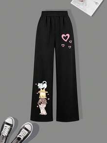 1pc Girls' Simple Casual Versatile Wide Leg Pants, Cute Printed Cat, Sweet Cartoon Design, Comfortable Autumn/Winter Bottoms - Black - View 2