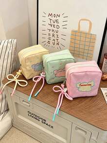 1pc/4pcs Pastoral Style Nylon Square Storage Bag, Plaid Embroidered Letter Pattern, Drawstring Wrist Strap, Zipper Closure, Portable Makeup Bag, Sanitary Napkin Storage Bag, Suitable For Daily Outings, Outdoor Travel, Spring And Autumn Daily Use,Travel Essential - Multicolor - View 4