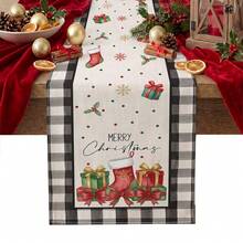 1pc Christmas Stocking Gift Box Snowflake Holly Leaf Plaid Print Table Runner, Suitable For Holiday, Party, Birthday, Dinner, Restaurant Table Decor, Christmas Autumn Winter Home Decoration - Multicolor - View 5