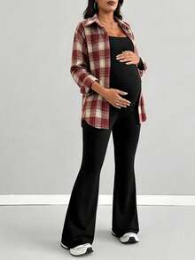 Parara Maternity Women's Plaid Button Long Sleeve Shirt Collar Flannel Top, Suitable For Autumn/Winter, Casual Regular Length Plaid Shirt - Multicolor - View 10