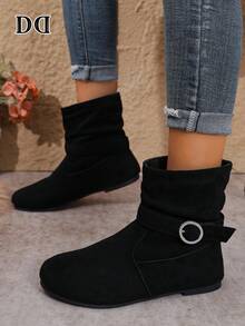 Round Toe Loose Ankle Boots, Metal Buckle Flat Slip-On Fashion Shoes, Suitable For Daily, Dating, Party Occasions - Black - View 4