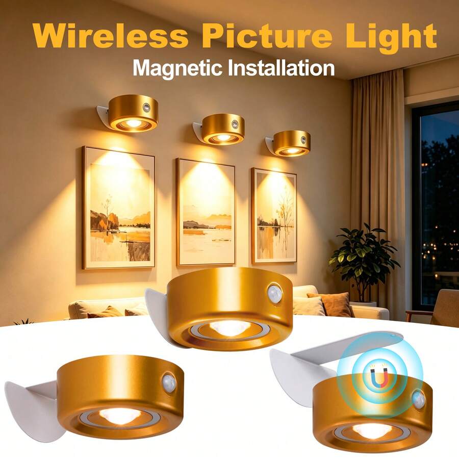 1/2pcs LED Wall-Mounted Art Light, Battery Powered Picture Light, Smart Magnetic Wireless Wall Lamp, Home Decor Wall Light, Touch Dimmable, 3 Lighting Modes, Suitable For Picture Frame, Artwork And Portrait Lighting Display