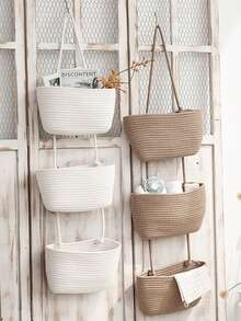 1pc 2/3Tier Woven Hanging Storage Basket – Detachable Decorative Organizer For Living Room, Bathroom, And Bedroom; Over-The-Door Hanging Basket With Multiple Compartments - Bathroom Storage Hanging Bag - View 10