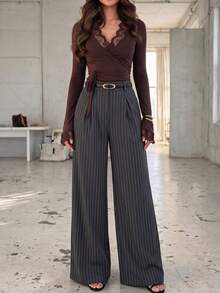 Women's Striped Pleated Wide Leg Loose Casual Commuter Long Pants - Grey - View 5