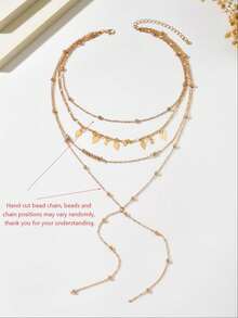 1pc Hip Hop Ins Minimalist Multi-Layer Beaded Chain Geometric Rhombus Sequin Pendant Y-Shaped Necklace Suitable For Women's Daily, Vacation, Party Wear - Gold - View 3