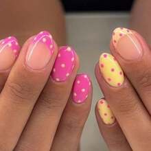 24pcs Short Oval Polka Dot Press-On Nails Set, Polka Dot Nail Art Makes Fingertips Shine, Suitable For Party, Dance And Daily Wear - Multicolor - View 3