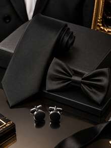 1 Set Solid Color Tie, Bow Tie, Cufflinks Combination, Minimalist Hand-Tied Adjustable Bow Tie And Cufflinks Set - Black - View 1