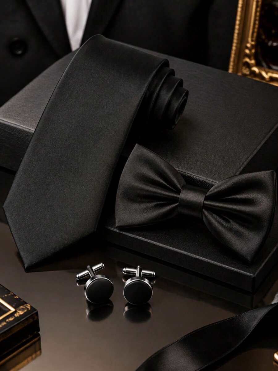 1 Set Solid Color Tie, Bow Tie, Cufflinks Combination, Minimalist Hand-Tied Adjustable Bow Tie And Cufflinks Set - Black - View 1