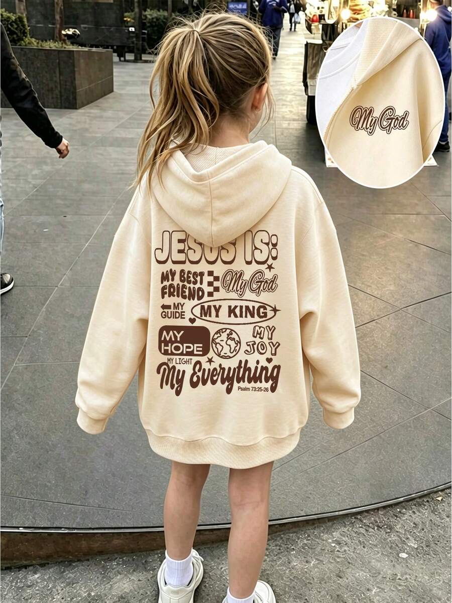 Girls' Casual Printed Zip-Up Hoodie, Long Sleeve Hooded Sweatshirt, Soft And Comfortable Girls' Jacket, Suitable For Back To School Or Autumn/Winter Season - Apricot - View 1