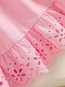 Girls' Summer Solid Color Dress, Sweet Vintage Style, Exquisite Hollow Out Detail Design, Perfect For Daily Wear Or Photo Shoots - Pink - View 6