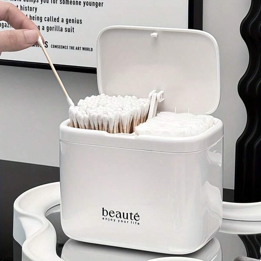1pc Divided Storage Box With Lid, Cotton Pad Organizer, Suitable For Cotton Swabs, Makeup Remover Pads, Bathroom, Vanity, Wall-Mounted, Divided Box With Lid, Cosmetic Display Box