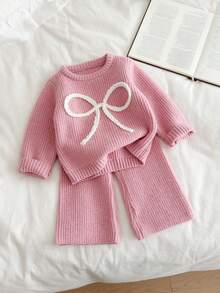 Setelan Rajut 2 Potong Warna Pink untuk Anak Perempuan dengan Bordir 3D dan Pita Putih, Sweater Leher Bulat Lembut dan Celana Lebar, Pakaian Kasual Musim Semi/Gugur - Berwarna merah muda - View 5