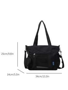 Tote Bag With Transparent Front Pocket For Customizable Decorative Cards, Detachable Small Round Side Pouch, Wide Strap For Comfortable Long-Term Wear, Multi-Compartment Storage, Suitable For Students' School And Travel, Versatile And With A Vibrant Personalized - Black - View 2